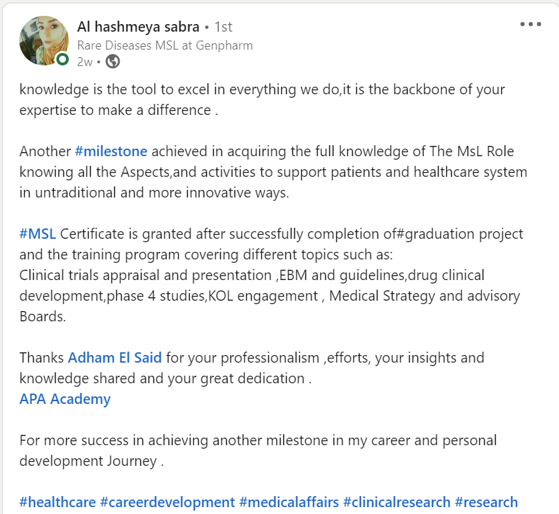 Al Hashmeya Sabra, Rare Diseases MSL at Genpharm - CMSL graduate testimonial from APA Academy
