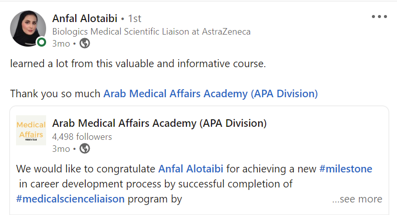 Anfal Alotaibi, Biologics Medical Scientific Liaison at AstraZeneca - CMSL graduate testimonial from APA Academy