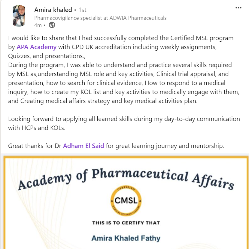 Amira Khaled, Pharmacovigilance Specialist at ADWIA Pharmaceuticals - CMSL graduate testimonial from APA Academy