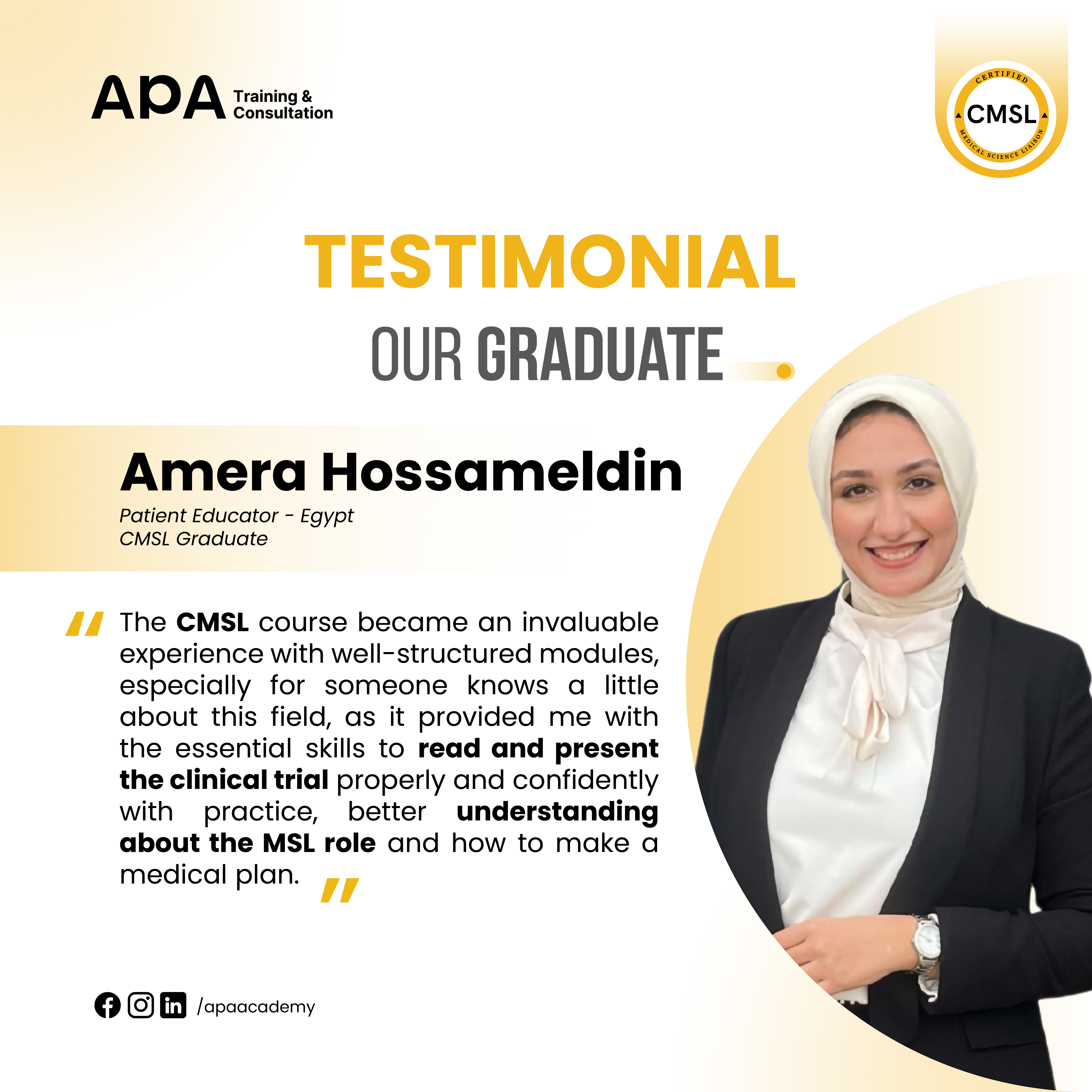 Amera Hossameldin, Patient Educator, Egypt - CMSL graduate testimonial from APA Academy