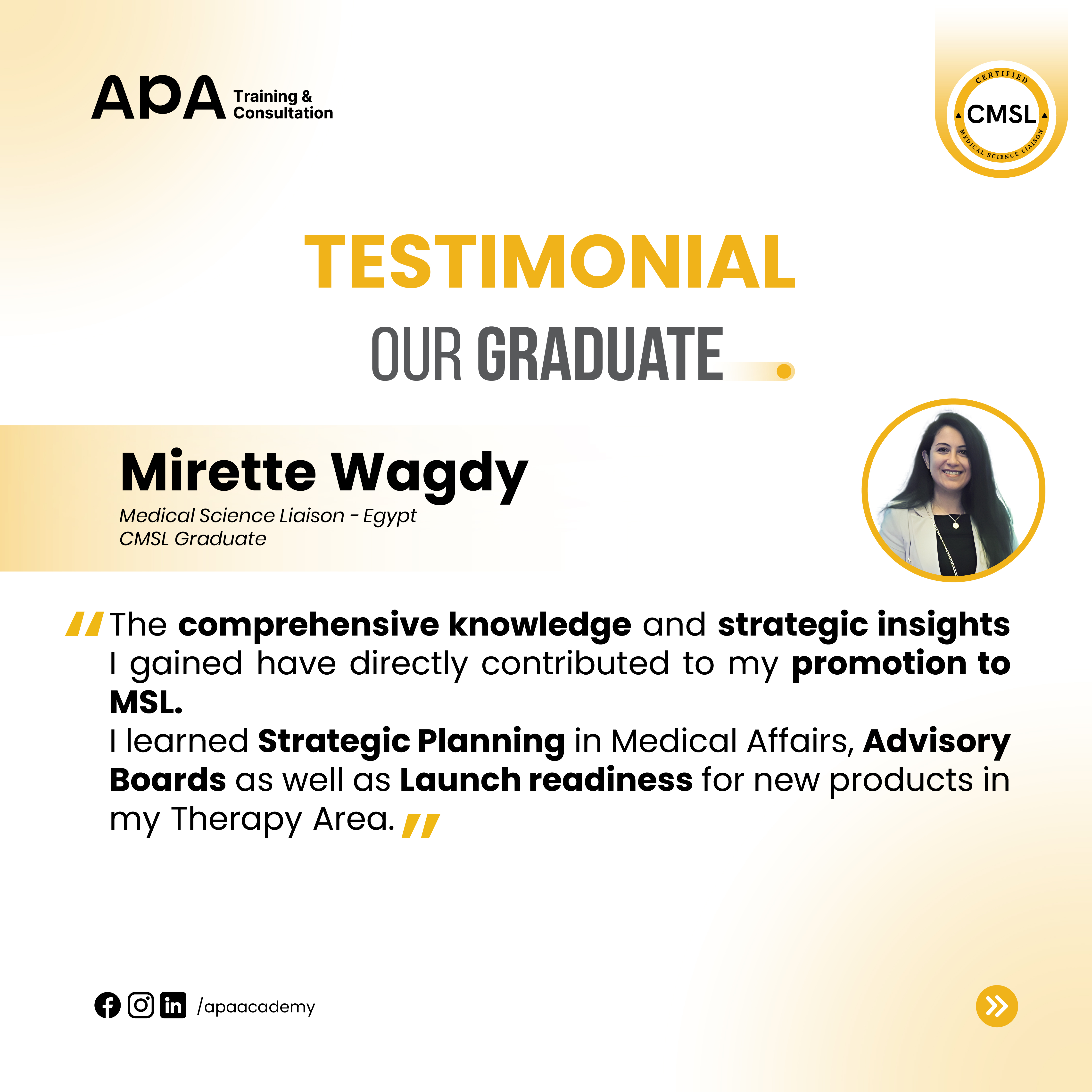 Mirette Wagdy, Medical Science Liaison, Egypt - CMSL graduate testimonial from APA Academy