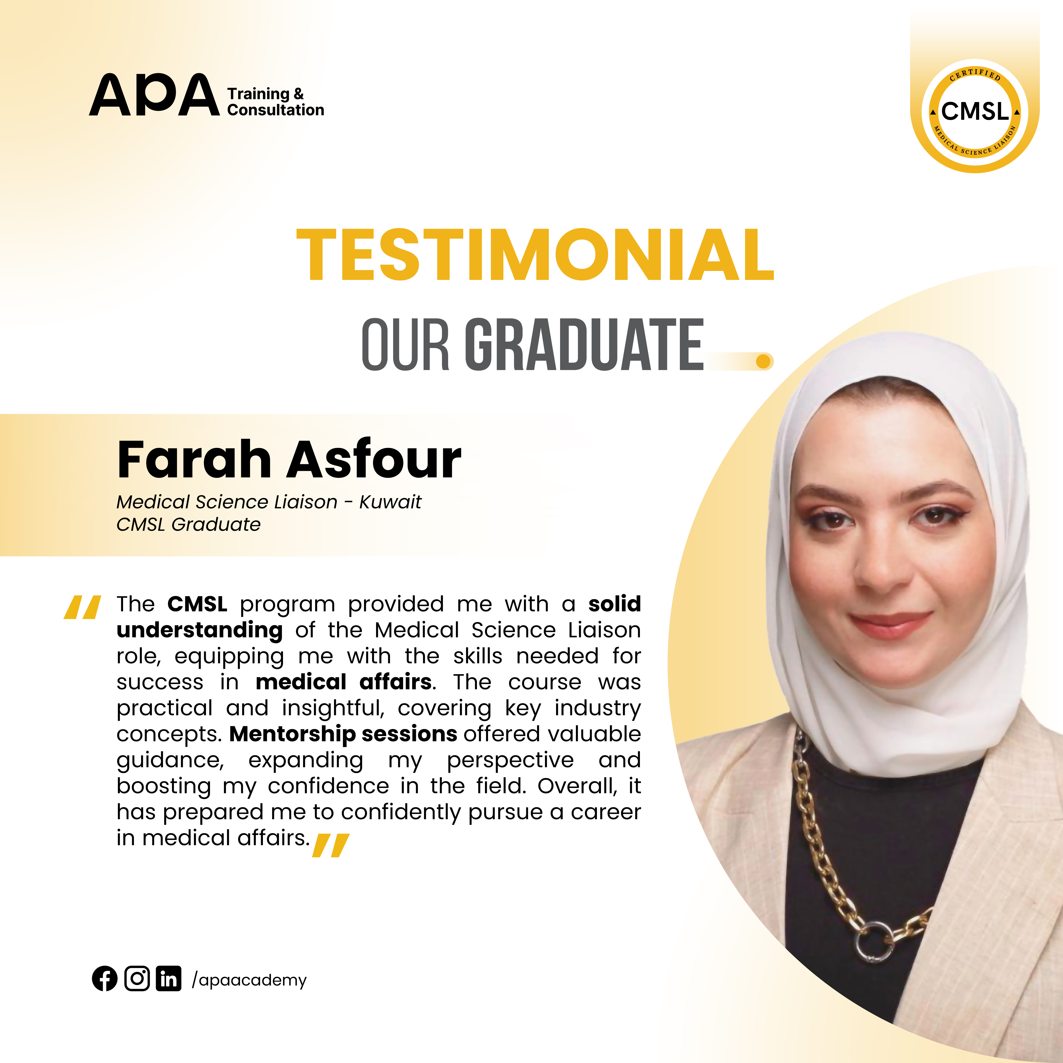 Farah Asfour, Medical Science Liaison, Kuwait - CMSL graduate testimonial from APA Academy