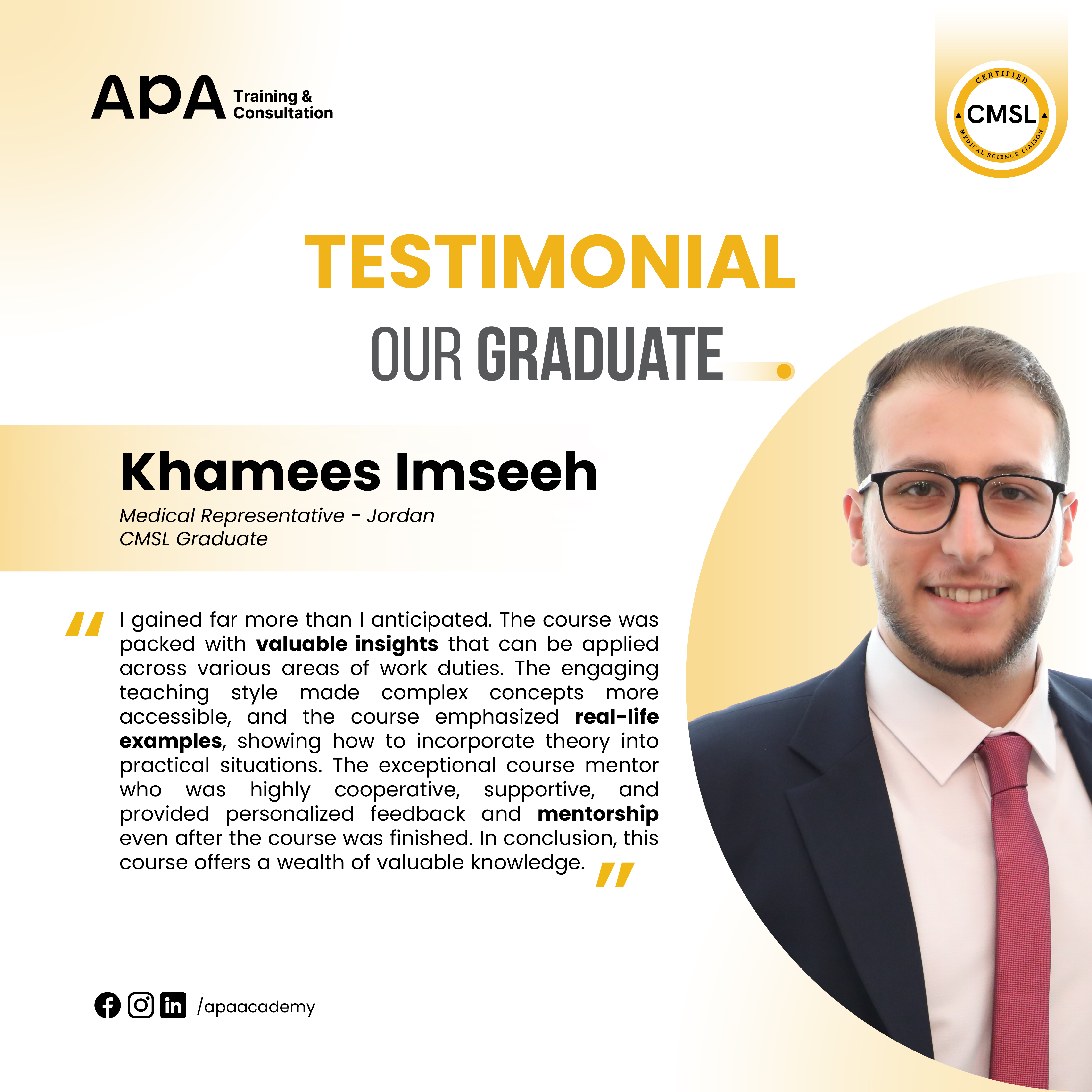 Khamees Imseeh, Medical Representative, Jordan - CMSL graduate testimonial from APA Academy