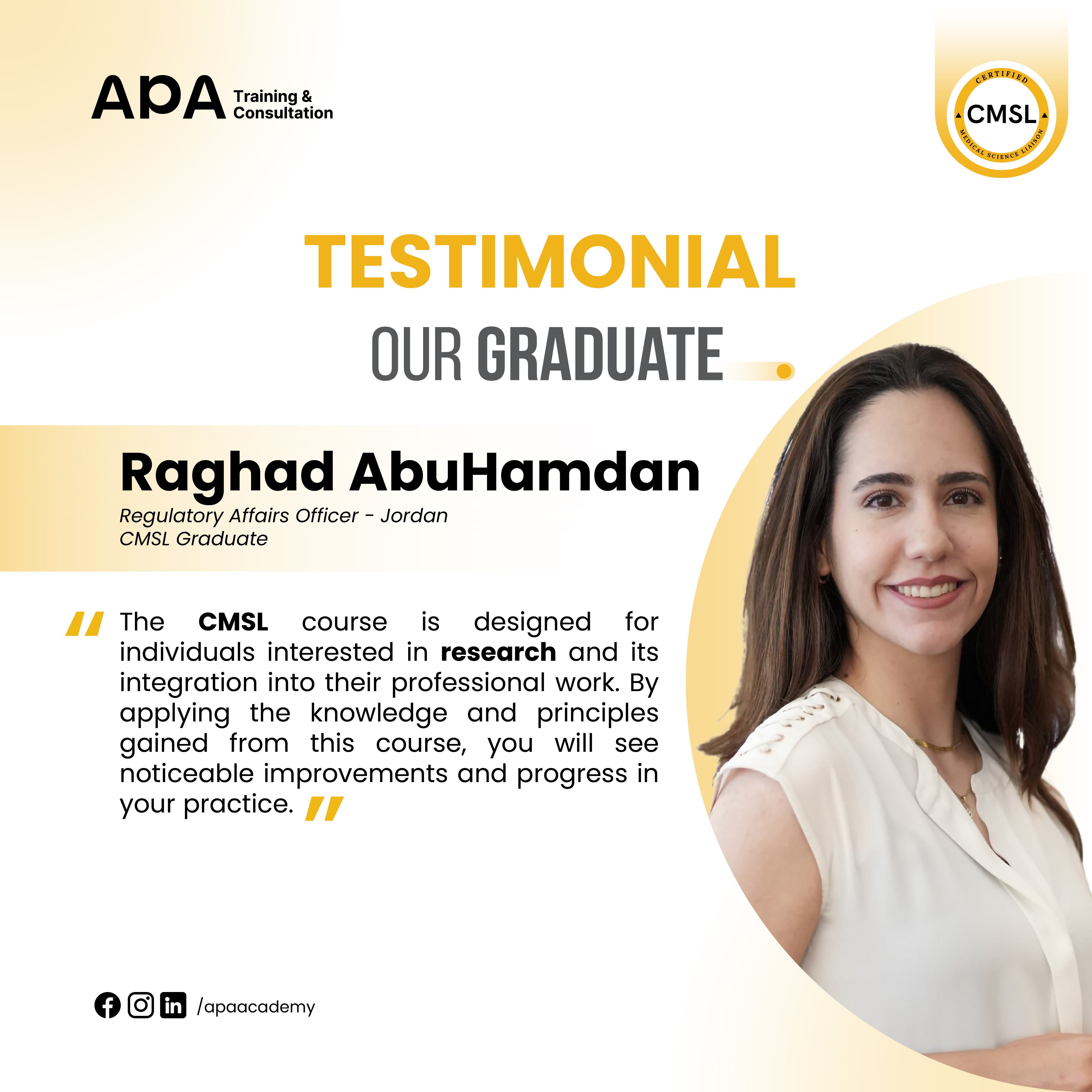 Raghad AbuHamdan, Regulatory Affairs Officer, Jordan - CMSL graduate testimonial from APA Academy