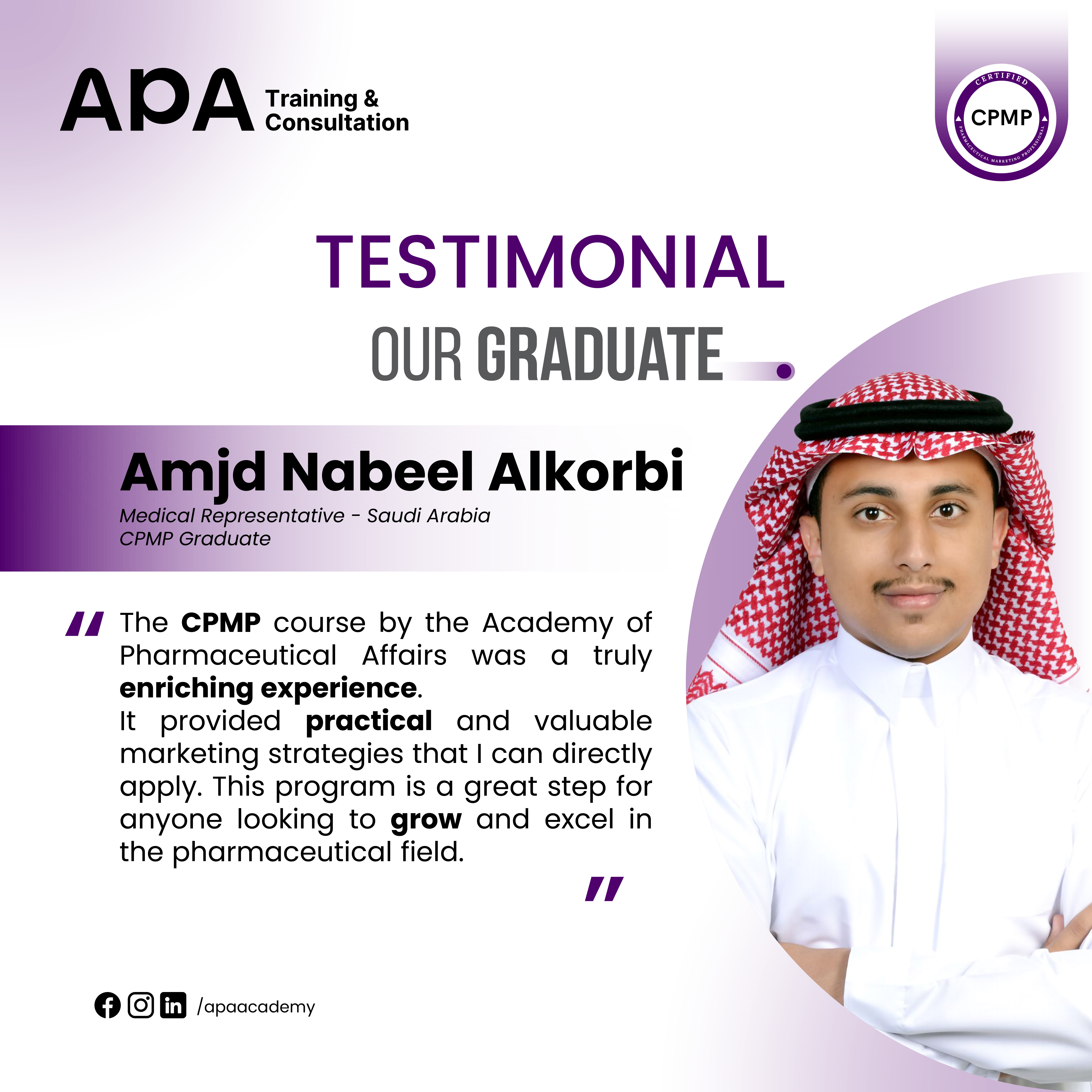 Amjd Nabeel Alkorbi, Medical Representative, Saudi Arabia - CPMP graduate testimonial from APA Academy