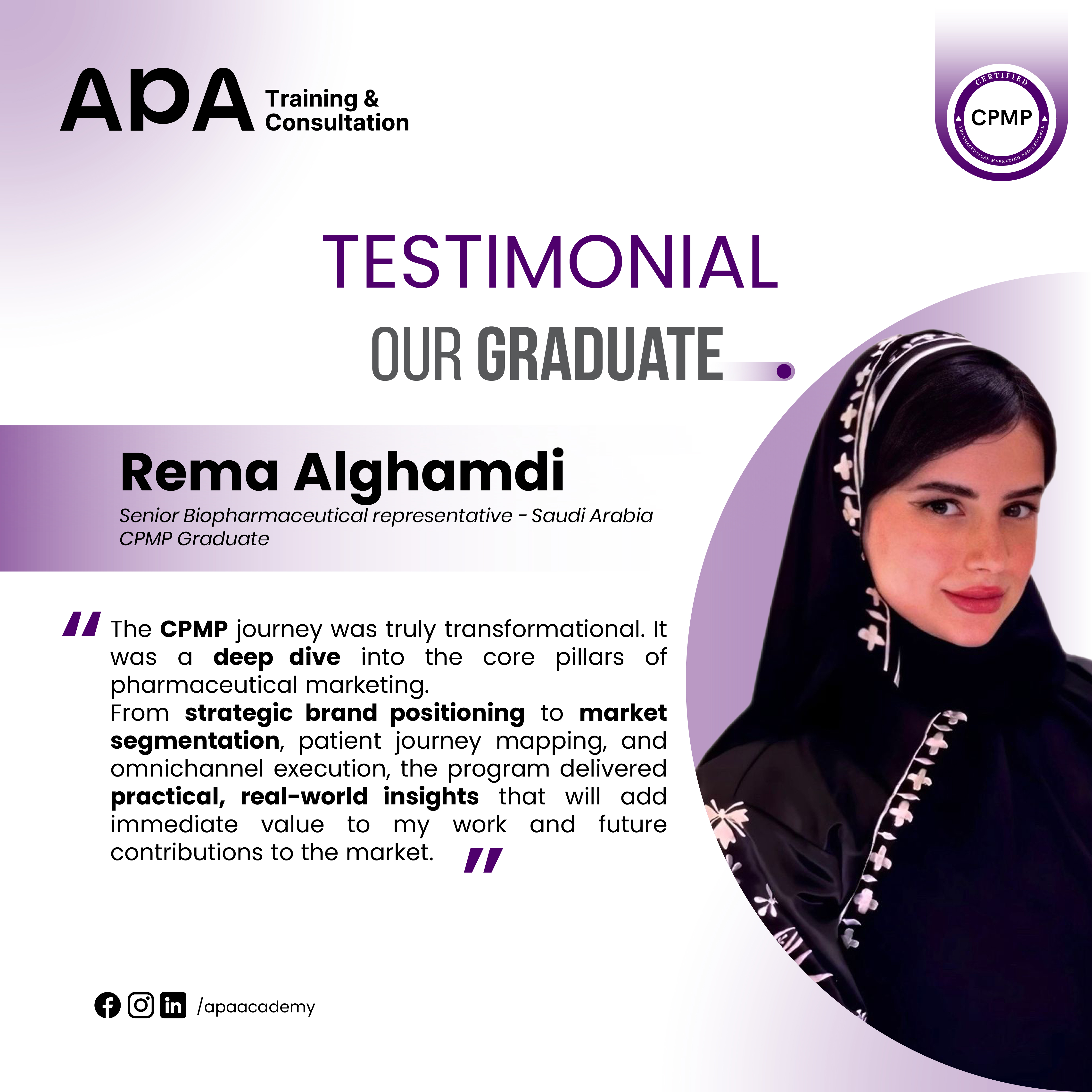 Rema Alghamdi, Senior Biopharmaceutical Representative, Saudi Arabia - CPMP graduate testimonial from APA Academy