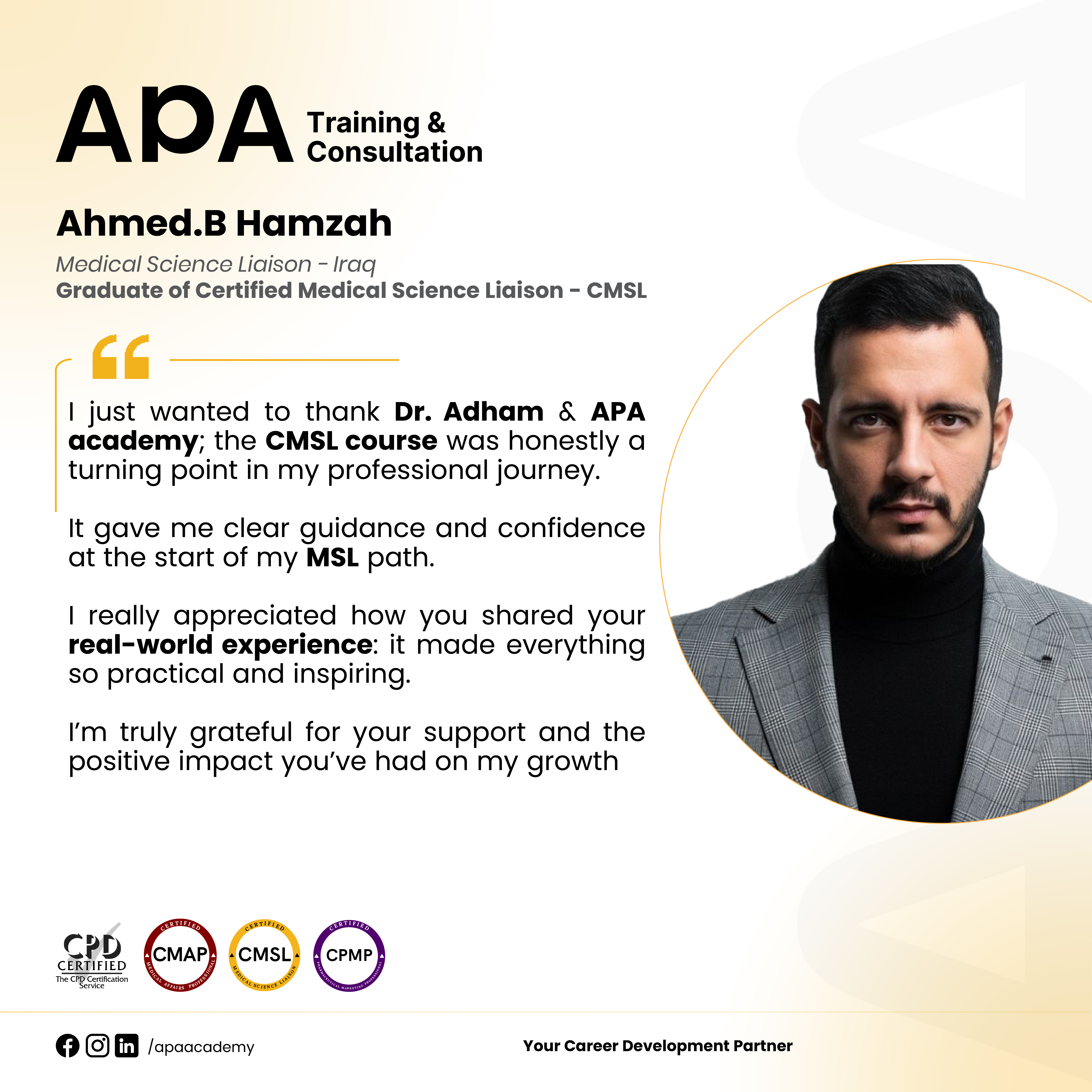 Ahmed B. Hamzah, Medical Science Liaison, Iraq - CMSL graduate testimonial from APA Academy