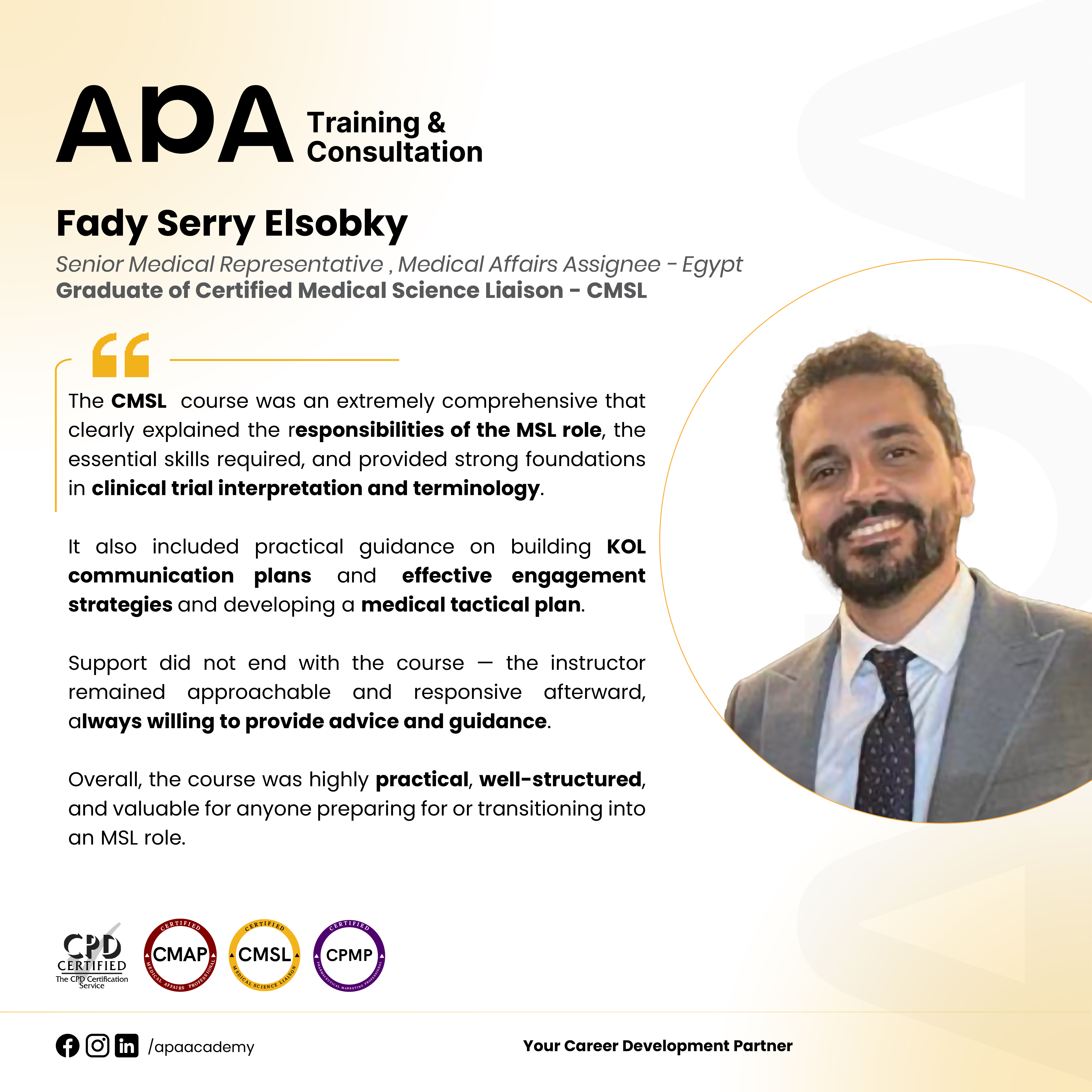 Fady Serry Elsobky, Medical Science Liaison, Egypt - CMSL graduate testimonial from APA Academy