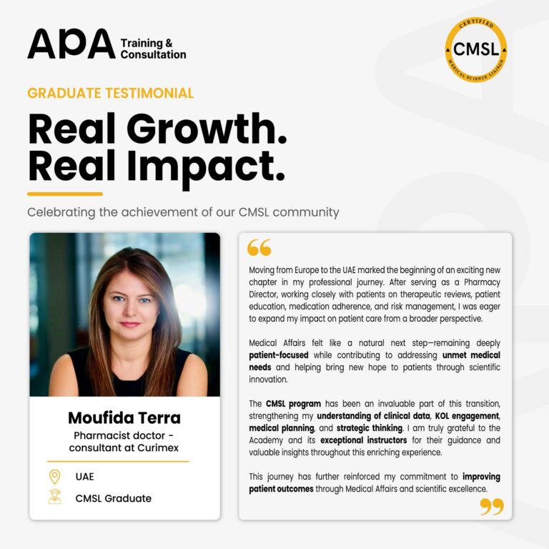 Moufida Terra, Pharmacist, Consultant at Curimex, UAE - CMSL graduate testimonial from APA Academy