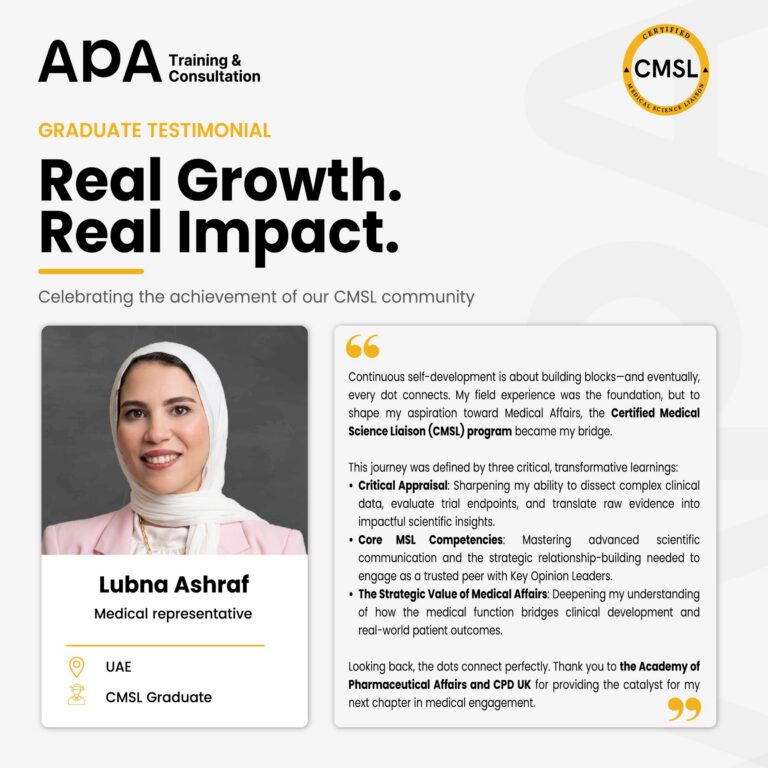 Lubna Ashraf, Medical Representative, UAE - CMSL graduate testimonial from APA Academy