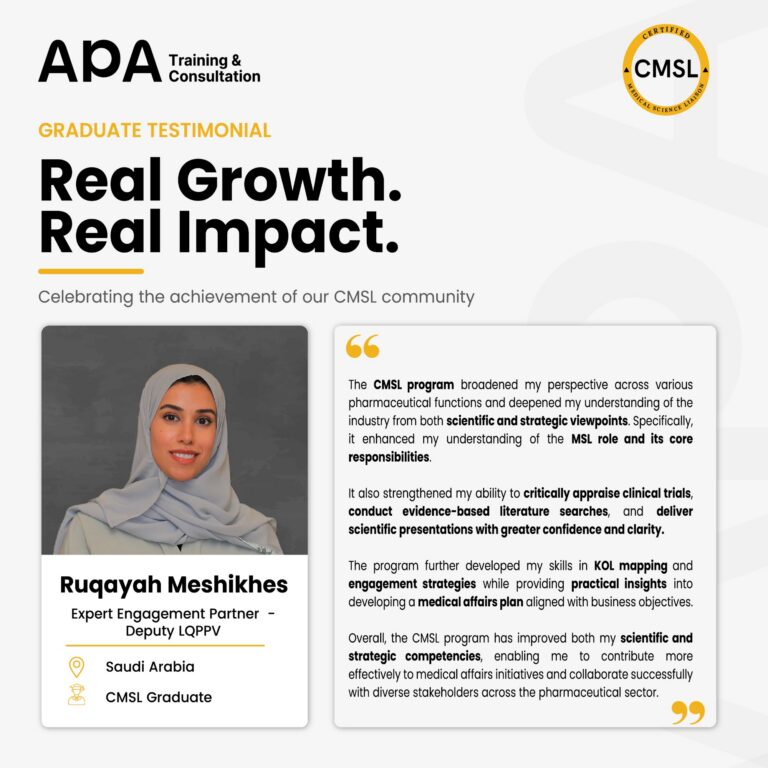 Ruqayah Meshikhes, Expert Engagement Partner, Deputy LQPPV, Saudi Arabia - CMSL graduate testimonial from APA Academy